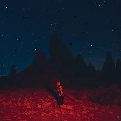 Album cover: a red-lit skeleton figure standing in a desert under a night sky