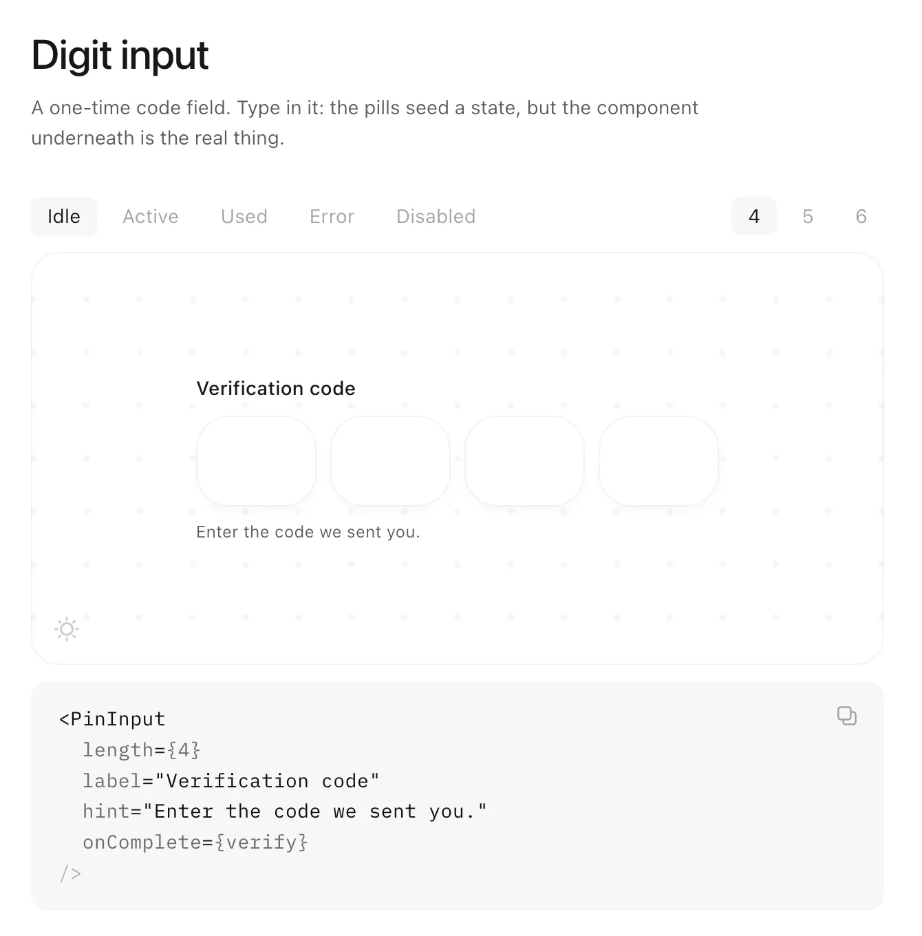 The digit input docs page: a row of state pills (Idle, Active, Used, Error, Disabled) above a live four-cell code field, with the copyable PinInput code underneath.