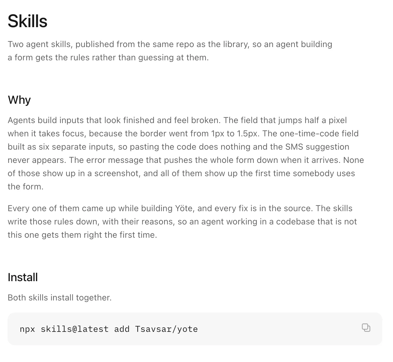 The Skills docs page, explaining why the skills exist and the one-line install command: npx skills@latest add Tsavsar/yote.